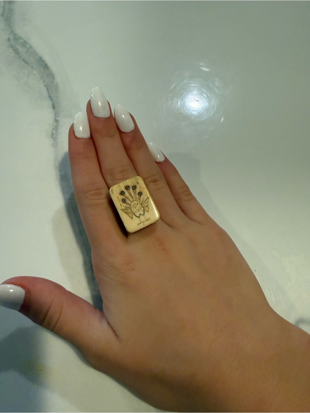 Vintage Mah Jong Bone Tile Peacock Motif Statement Ring
